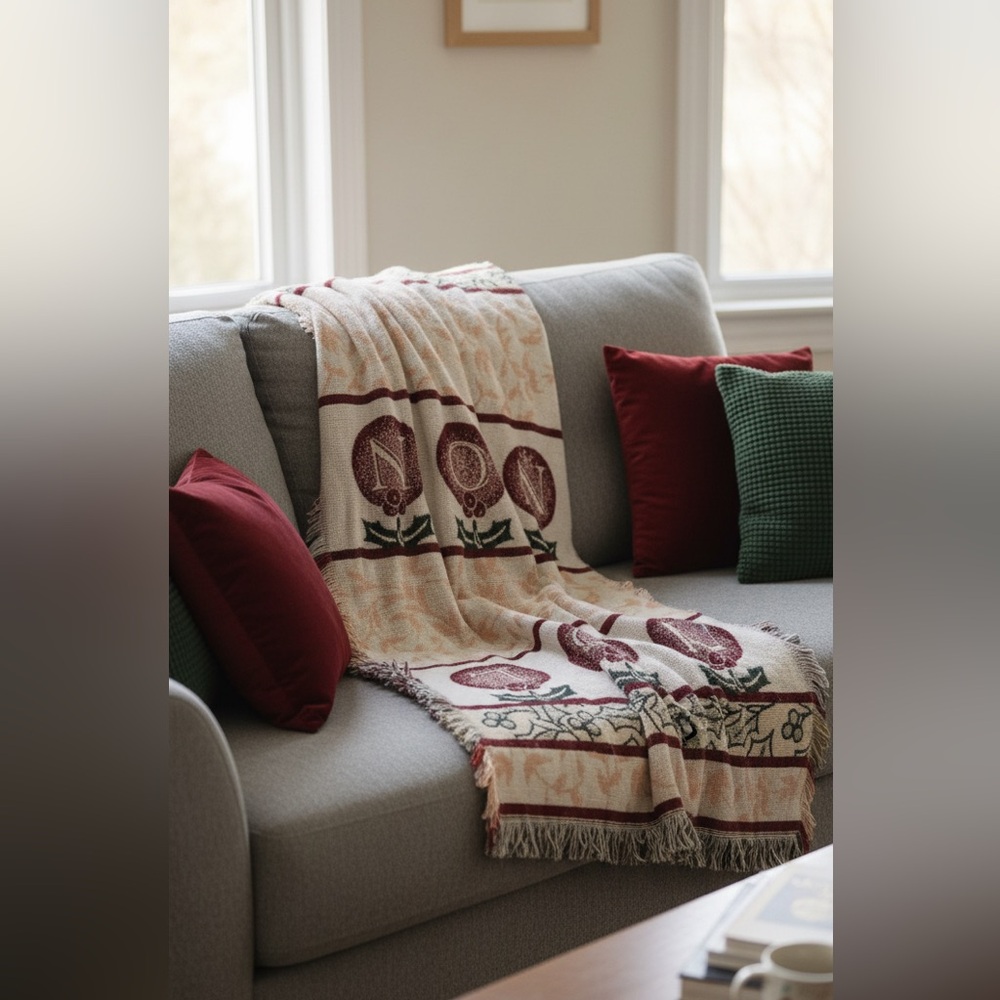 Festive Noel fringed reversible Tapestry Throw Blanket